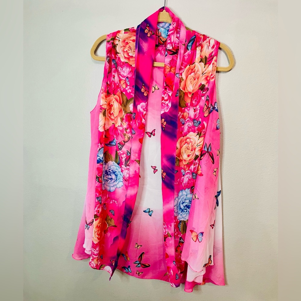 Sheer cardigan vest pink and white with butterflies one size fits most